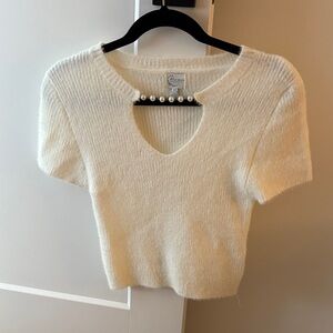 Blue Rain Cream Ribbed Crop Blouse